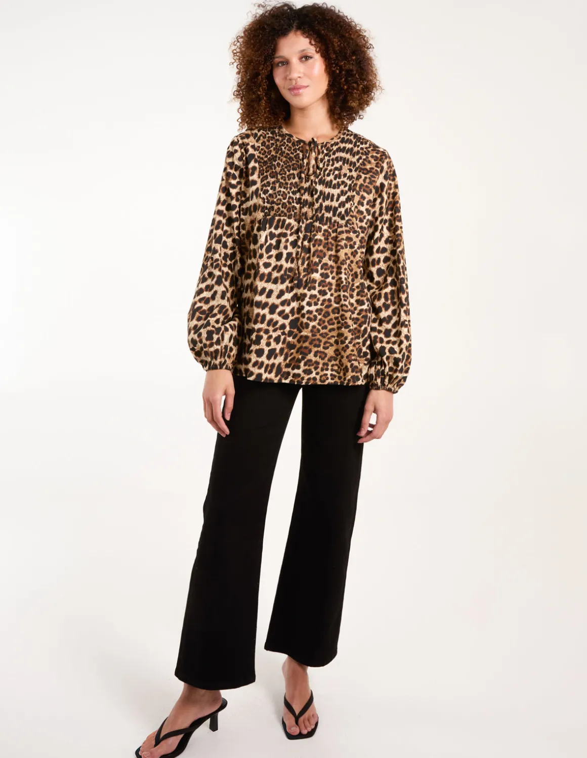 Leopard Print Shirred Front Tie Neck Blouse