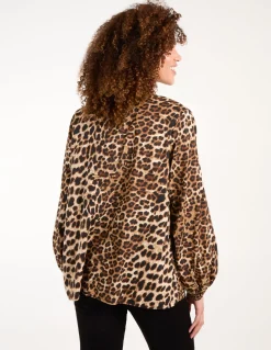 Leopard Print Shirred Front Tie Neck Blouse