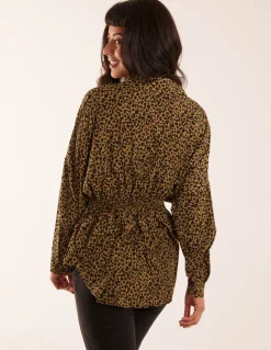Leopard Print Shirred Waist Shirt