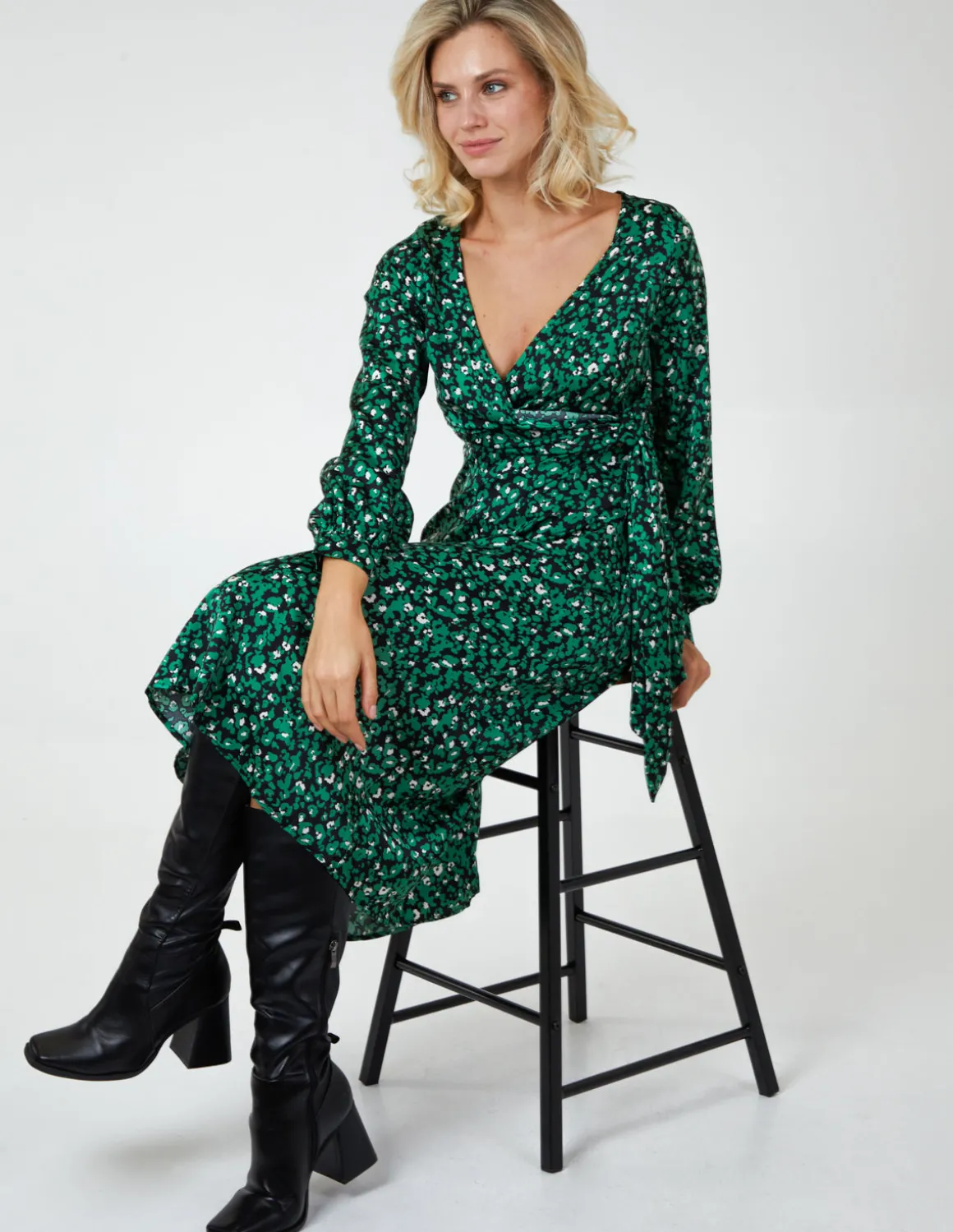 Leopard Print Wrap Midi Dress