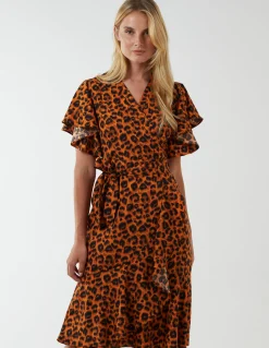 Leopard Print Wrap Ruffle Midi Dress