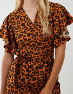 Leopard Print Wrap Ruffle Midi Dress