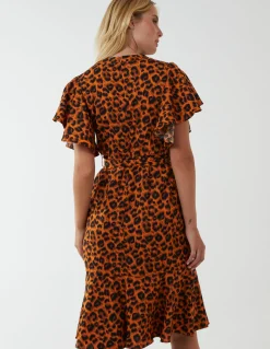 Leopard Print Wrap Ruffle Midi Dress
