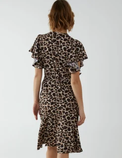 Leopard Print Wrap Ruffle Midi Dress