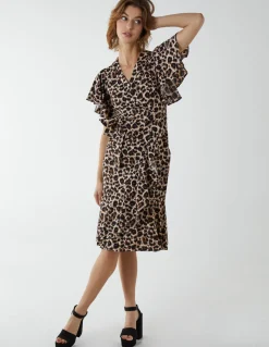 Leopard Print Wrap Ruffle Midi Dress