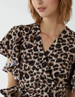 Leopard Print Wrap Ruffle Midi Dress