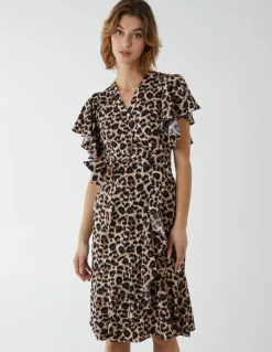 Leopard Print Wrap Ruffle Midi Dress