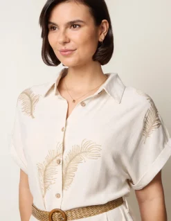Linen Belted Dress With Feather Embroidery