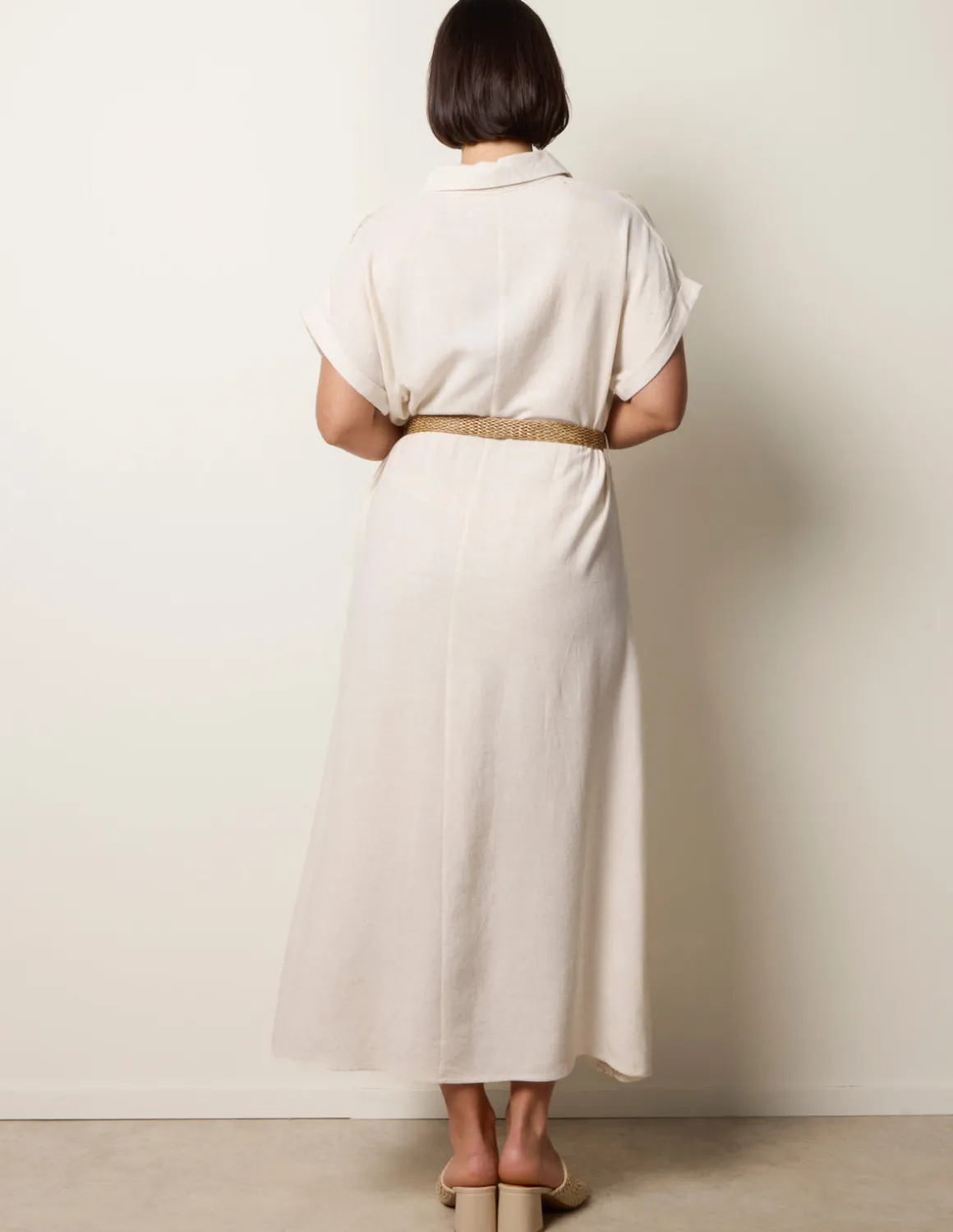 Linen Belted Dress With Feather Embroidery