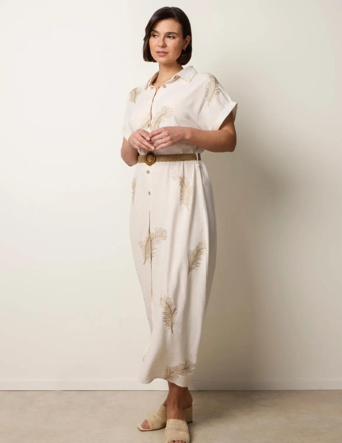 Linen Belted Dress With Feather Embroidery