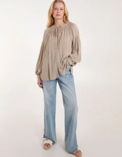 Long Cuff Sleeve Button Down Tie Front Shirt
