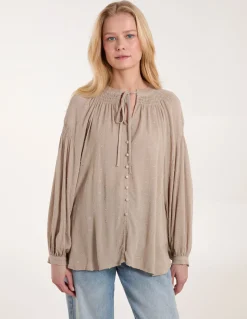 Long Cuff Sleeve Button Down Tie Front Shirt