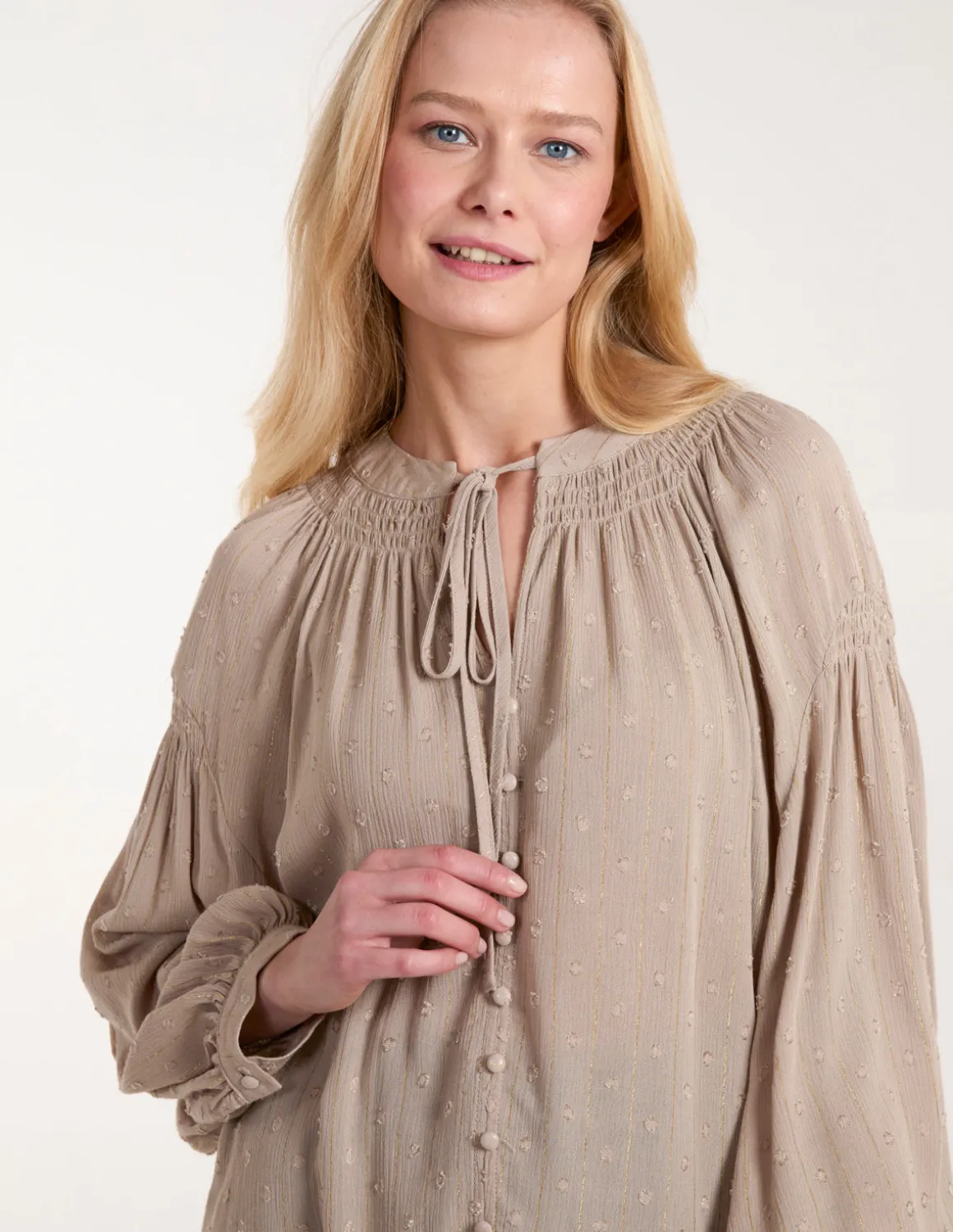 Long Cuff Sleeve Button Down Tie Front Shirt