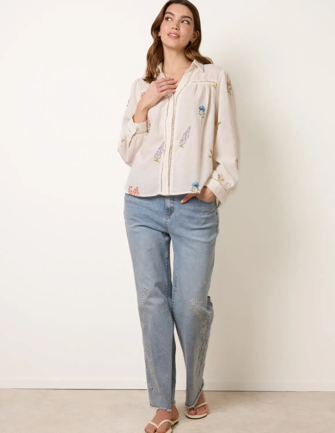 Long Sleeve Embroidered Button Front Blouse