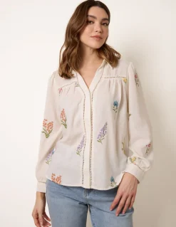 Long Sleeve Embroidered Button Front Blouse