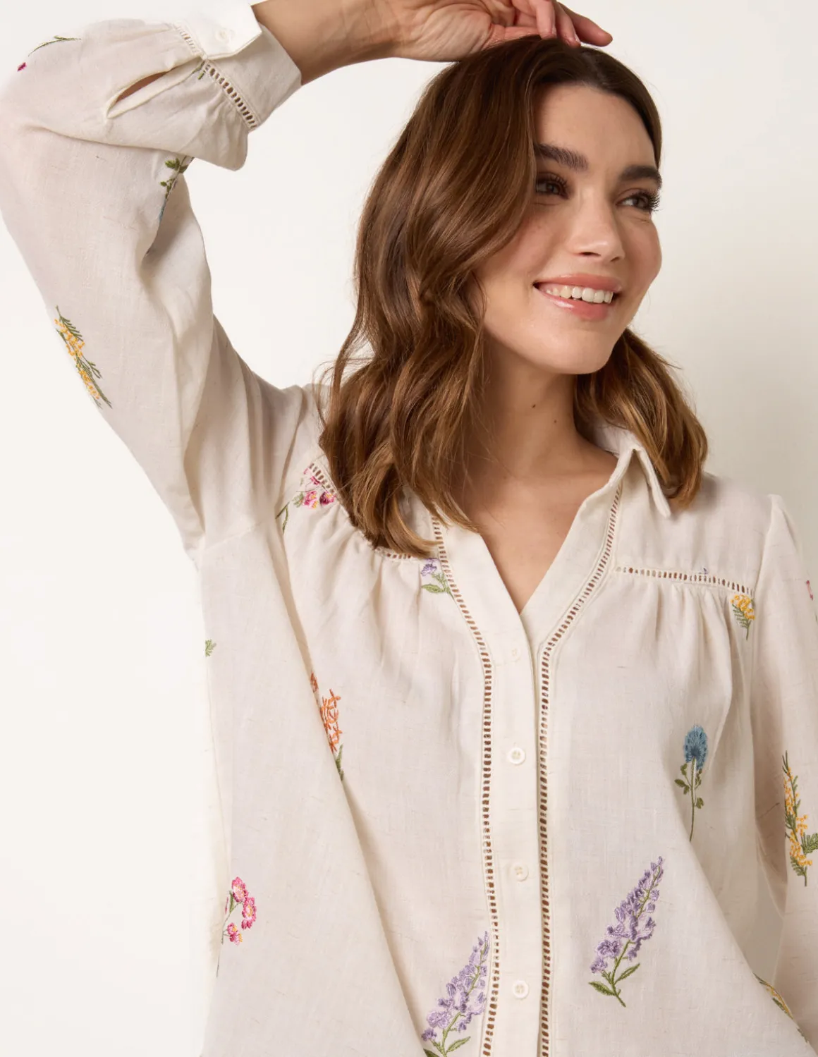 Long Sleeve Embroidered Button Front Blouse