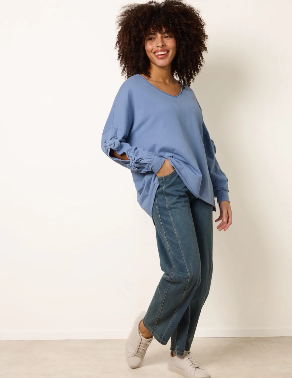 Loop Back Sweat Bow Sleeve Raw Edge V Neck Top