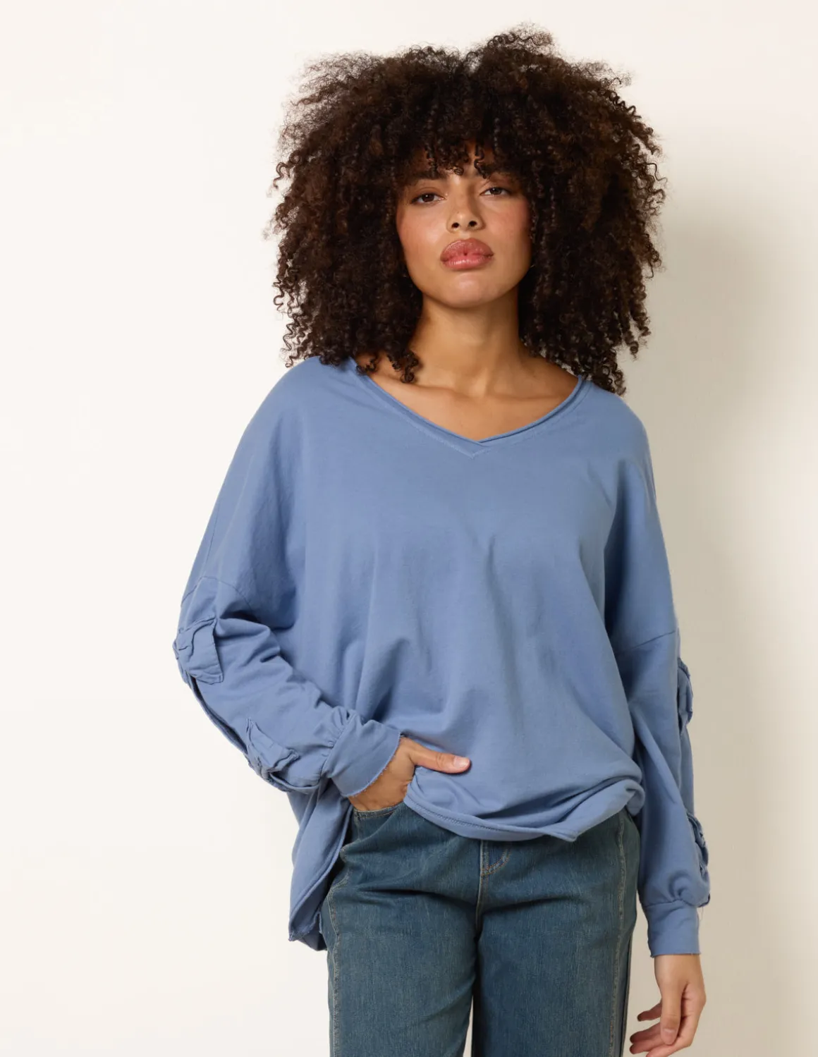 Loop Back Sweat Bow Sleeve Raw Edge V Neck Top