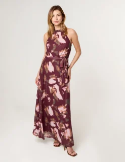 Mesh Halter Neck Belted Maxi Dress
