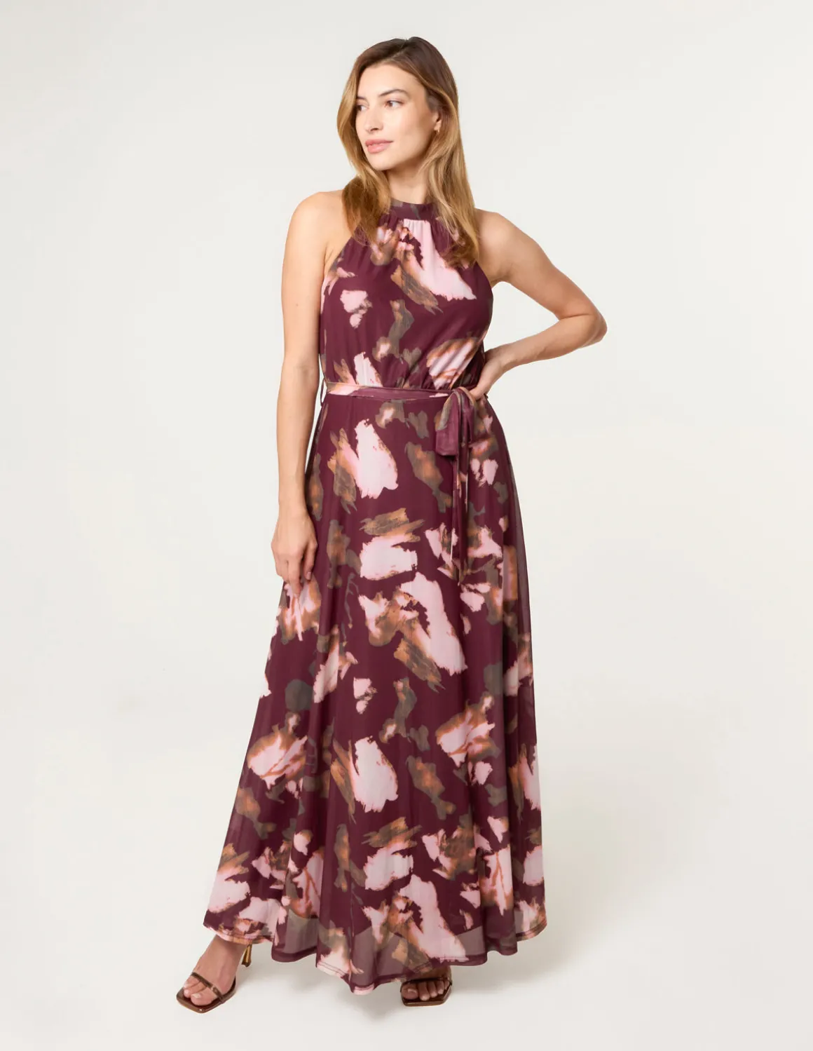 Mesh Halter Neck Belted Maxi Dress