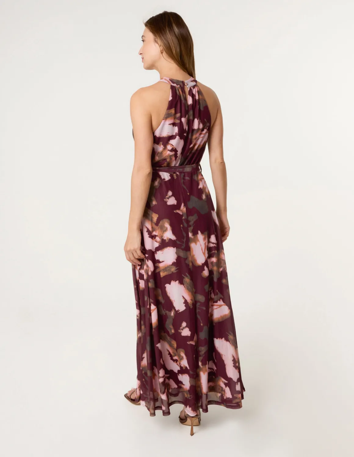 Mesh Halter Neck Belted Maxi Dress