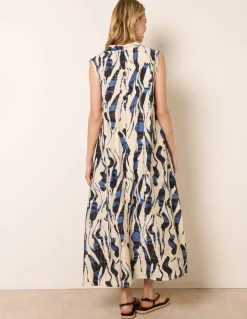 Metallic Abstract Printed Collarless V Neck Dress