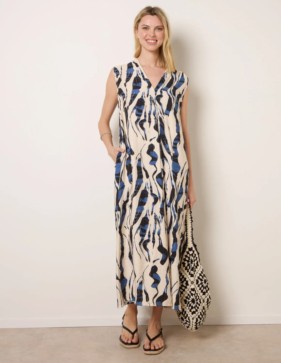 Metallic Abstract Printed Collarless V Neck Dress