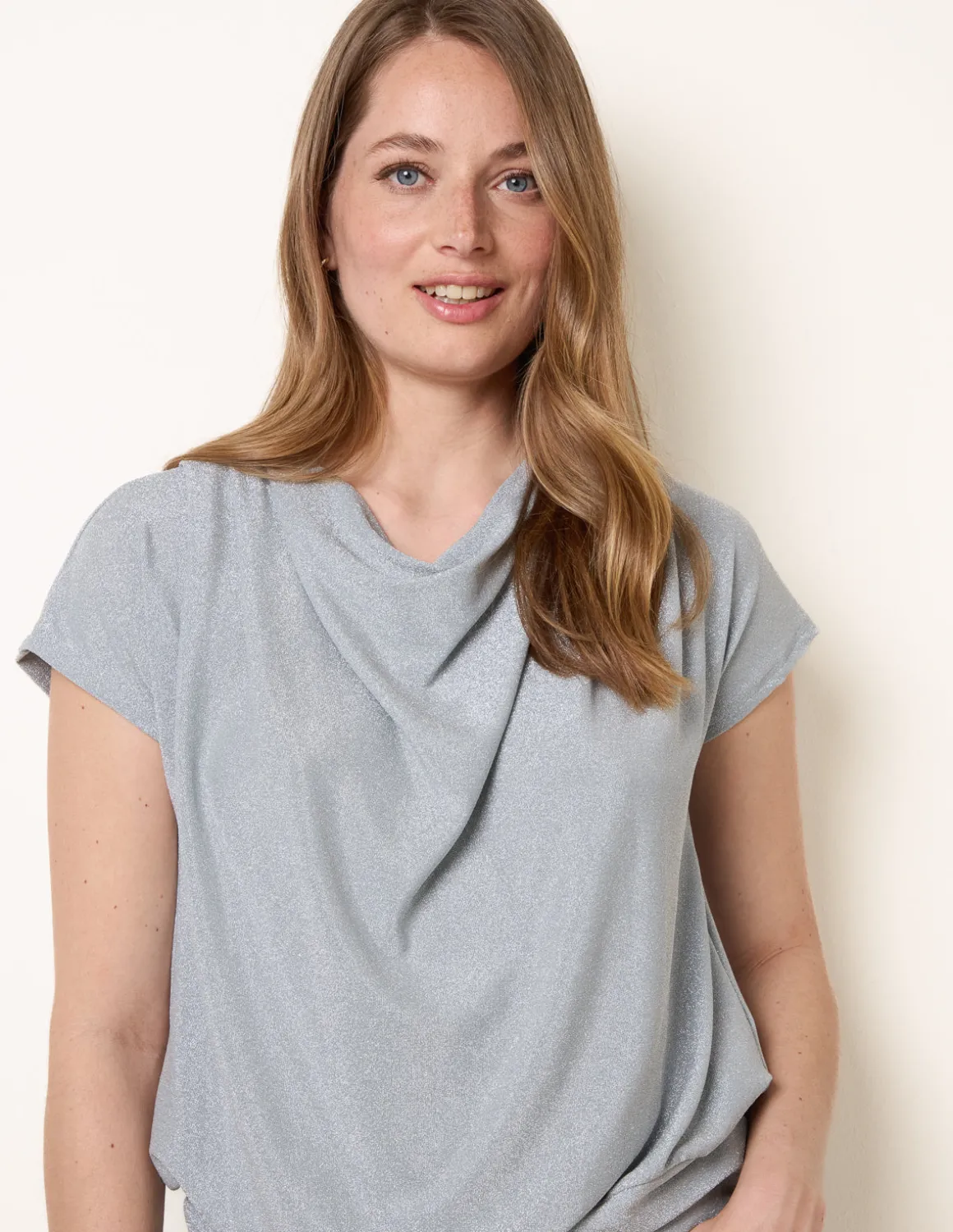 Metallic Cowl Neck Draped Top