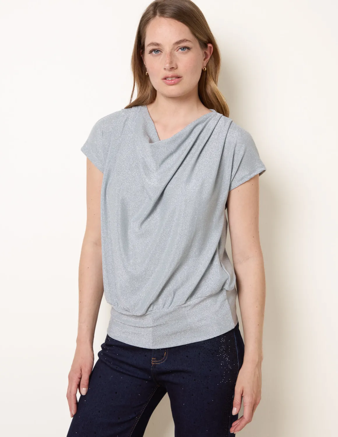 Metallic Cowl Neck Draped Top