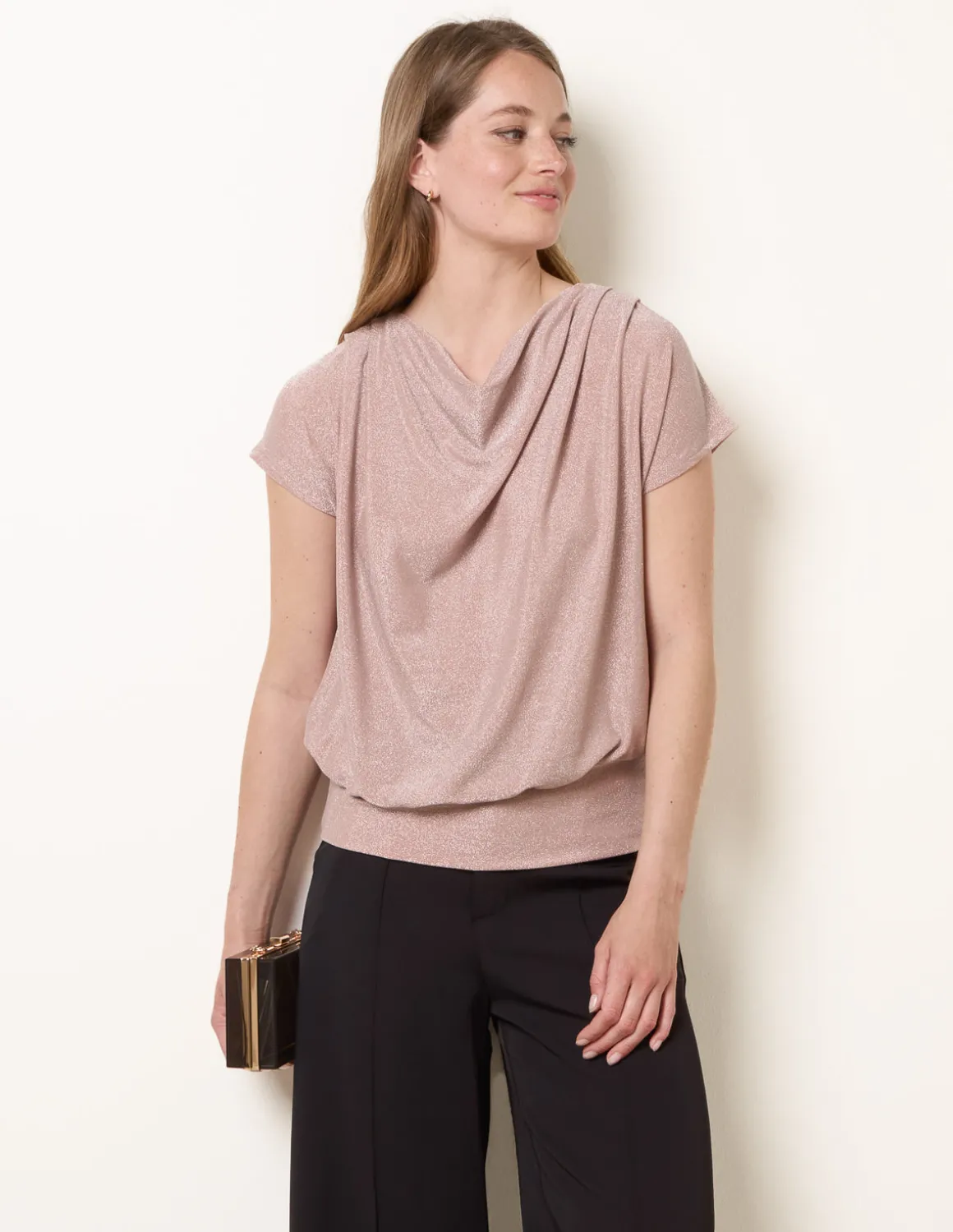 Metallic Cowl Neck Draped Top