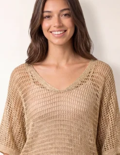 Metallic Crochet V Neck Top