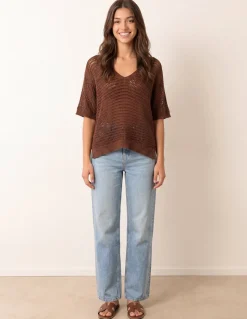 Metallic Crochet V Neck Top