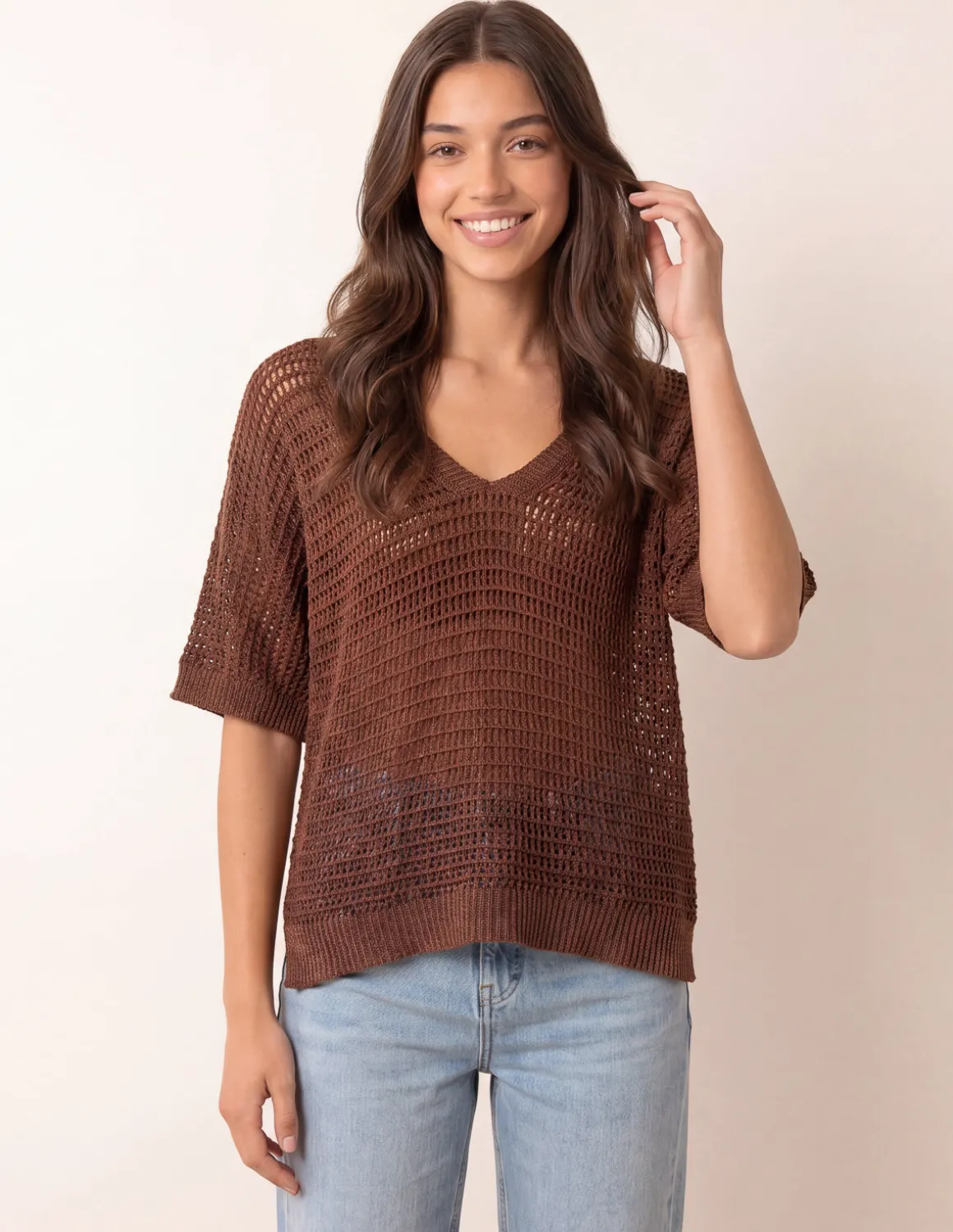 Metallic Crochet V Neck Top