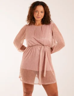 Metallic Plisse Belted Dress