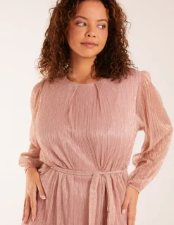 Metallic Plisse Belted Dress
