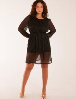 Metallic Plisse Belted Dress