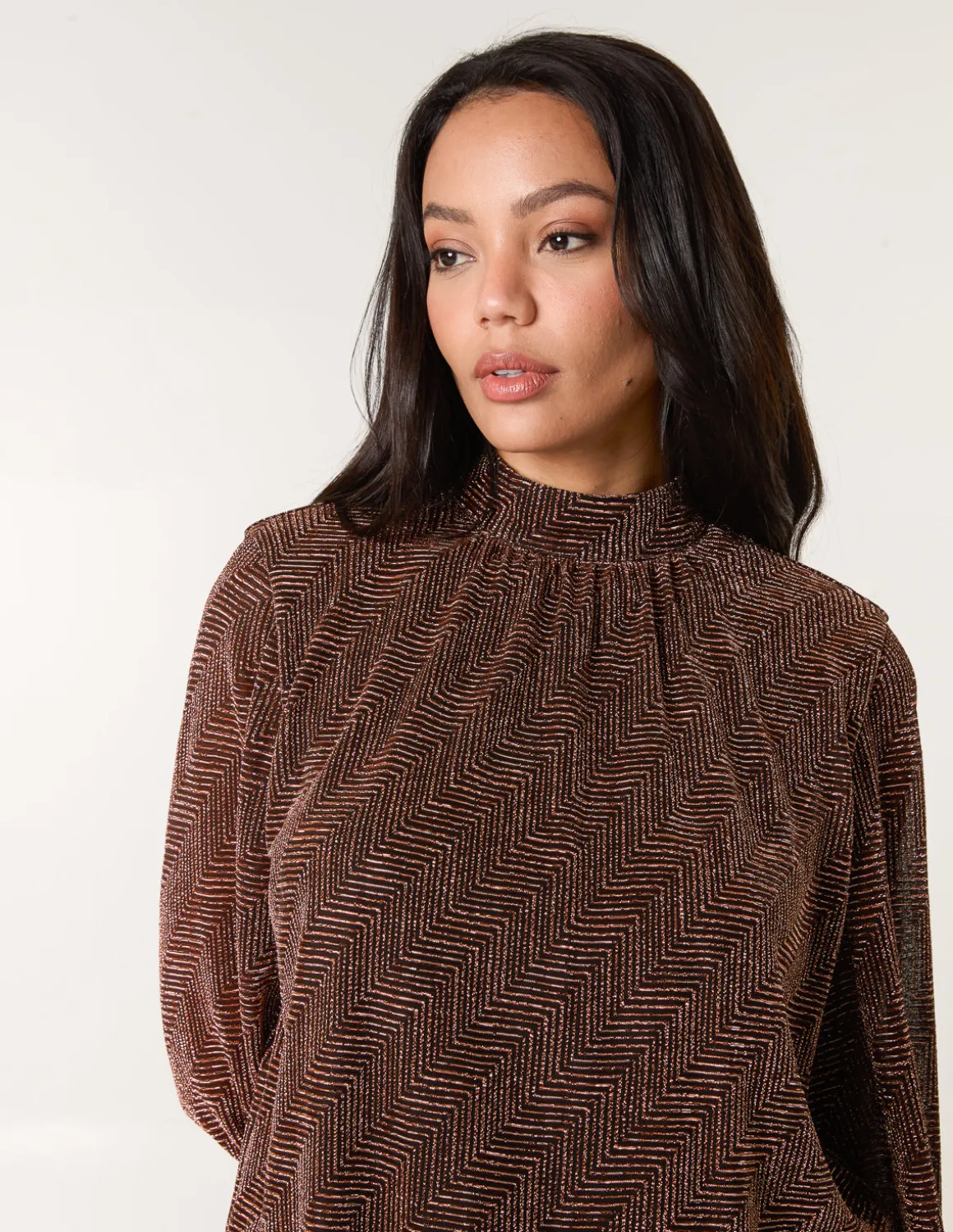 Metallic Puffball High Neck Blouse