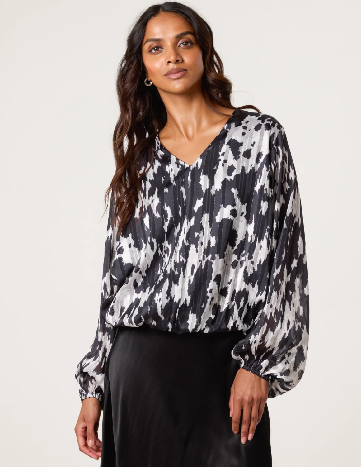 Metallic V Neck Bubble Hem Blouse