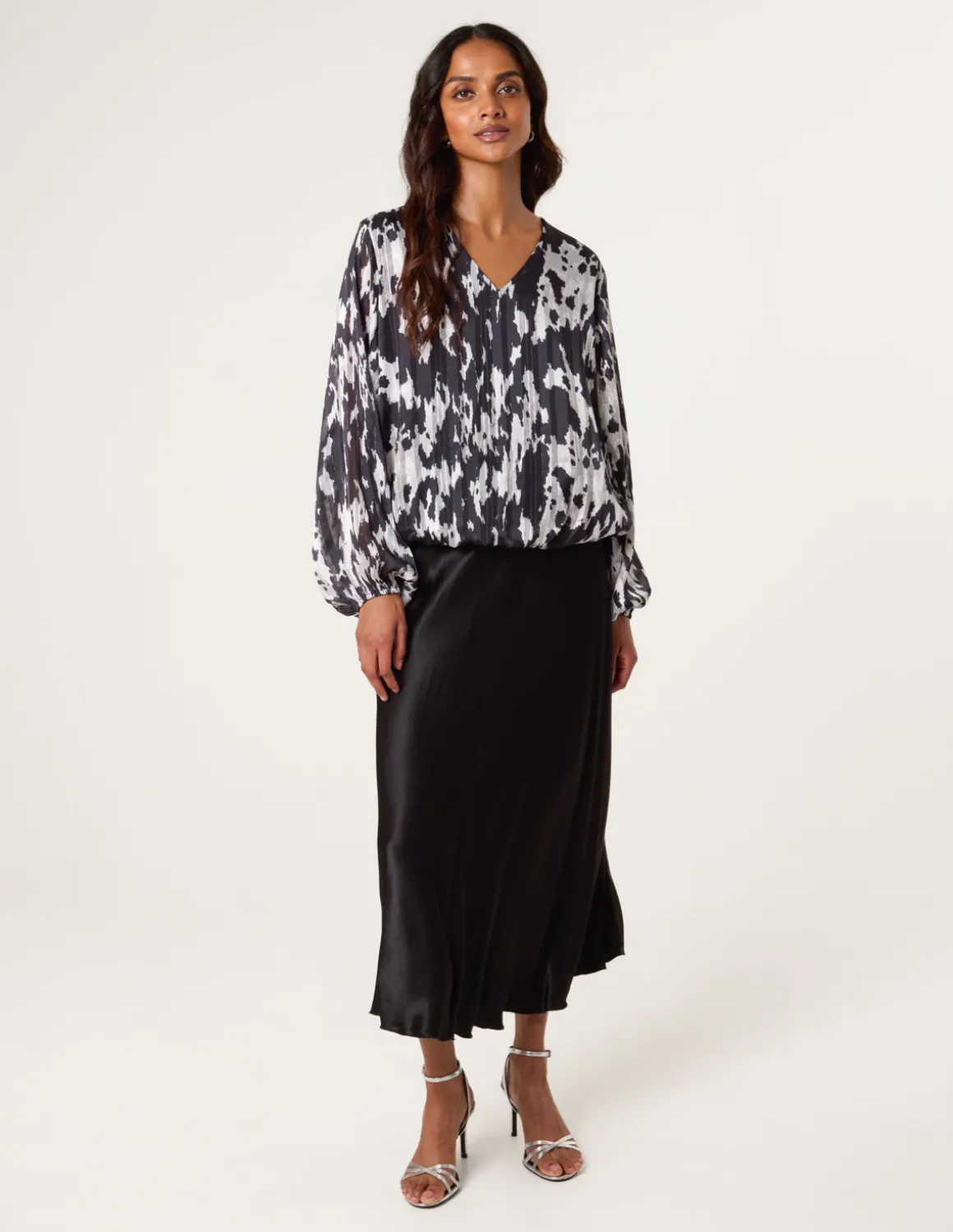 Metallic V Neck Bubble Hem Blouse