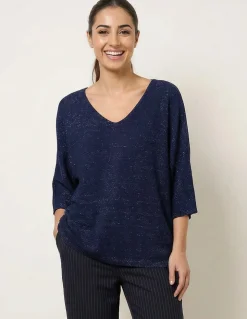 Metallic V Neck Knitted Ripple Jumper