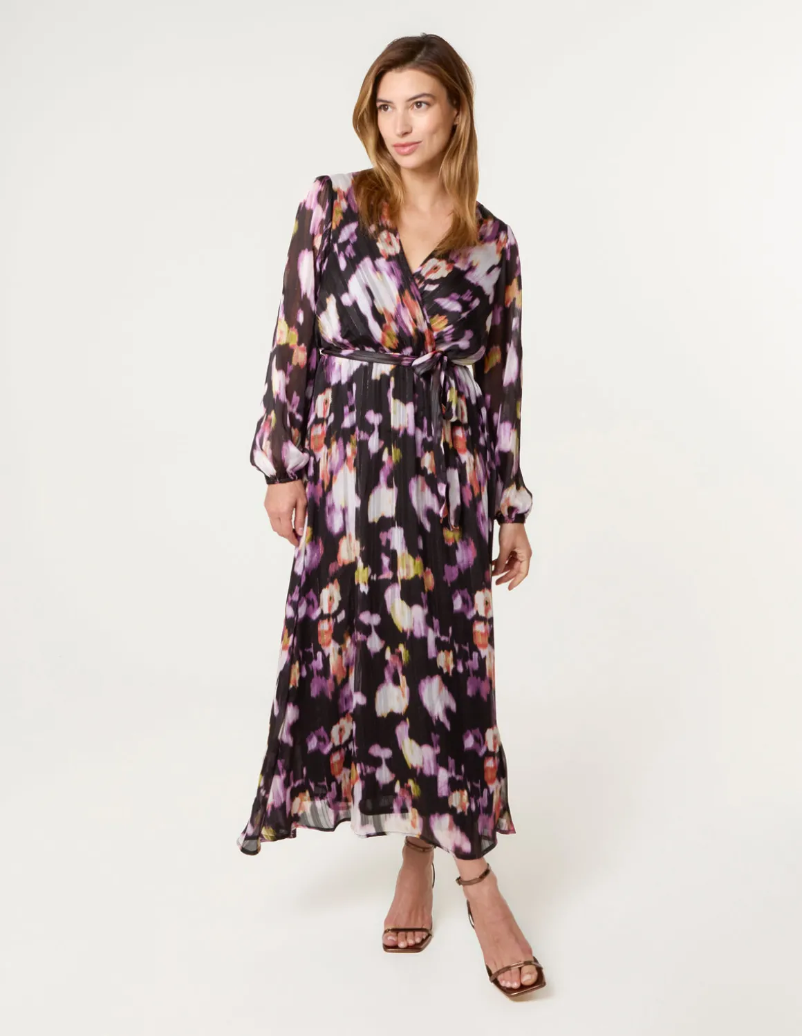 Metallic Watercolour Wrap Maxi Dress