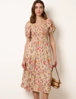 Milkmaid Floral Puff Sleeve Shirred Midi Dress