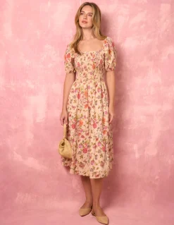 Milkmaid Floral Puff Sleeve Shirred Midi Dress