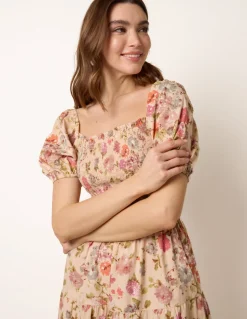 Milkmaid Floral Puff Sleeve Shirred Midi Dress