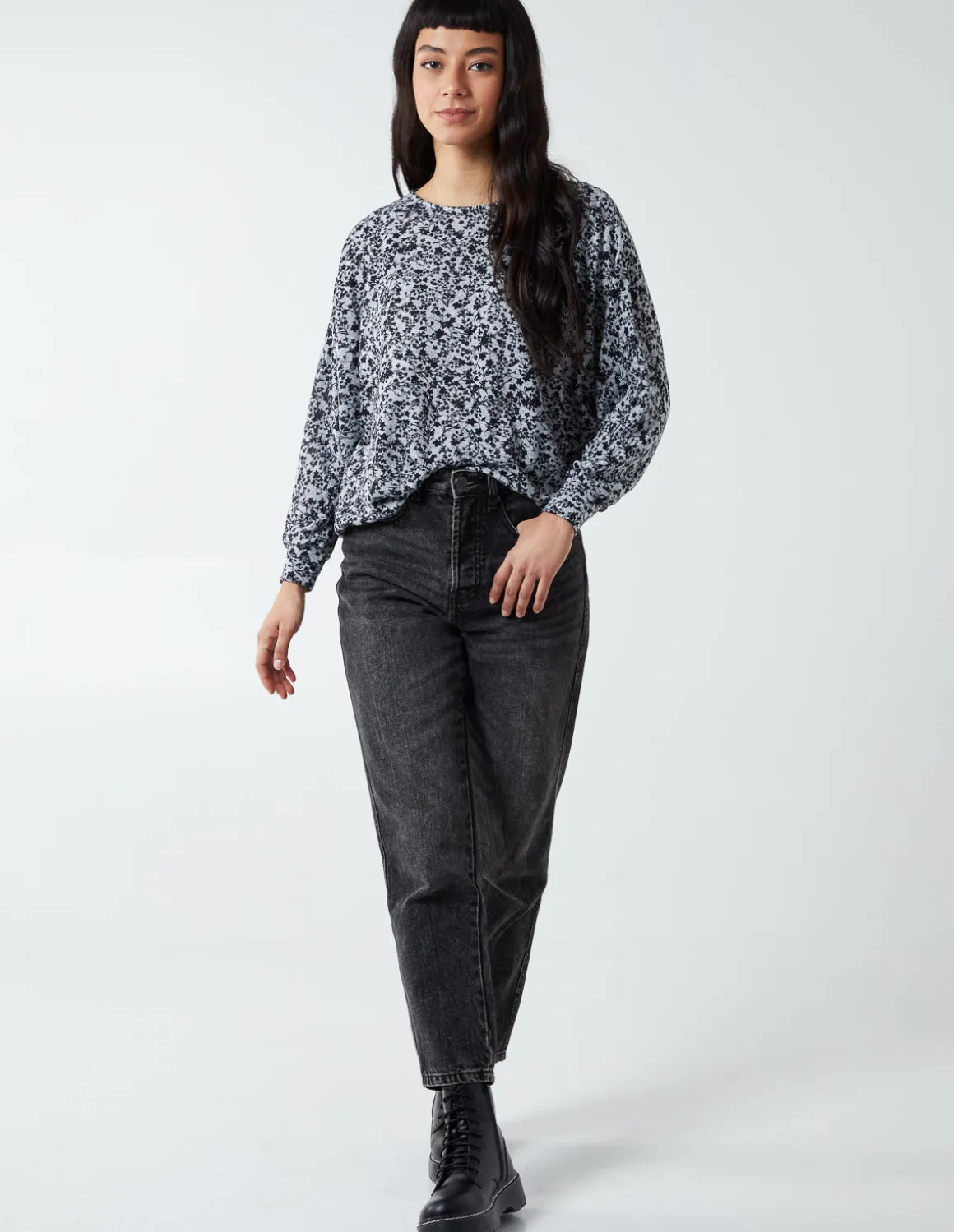 Mini Floral Print Deep Hem Batwing Top