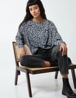 Mini Floral Print Deep Hem Batwing Top