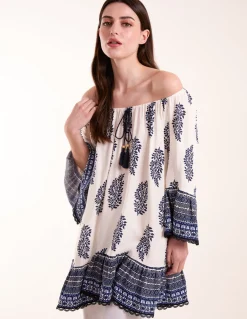 Mix Print Bardot With Tassel Dress