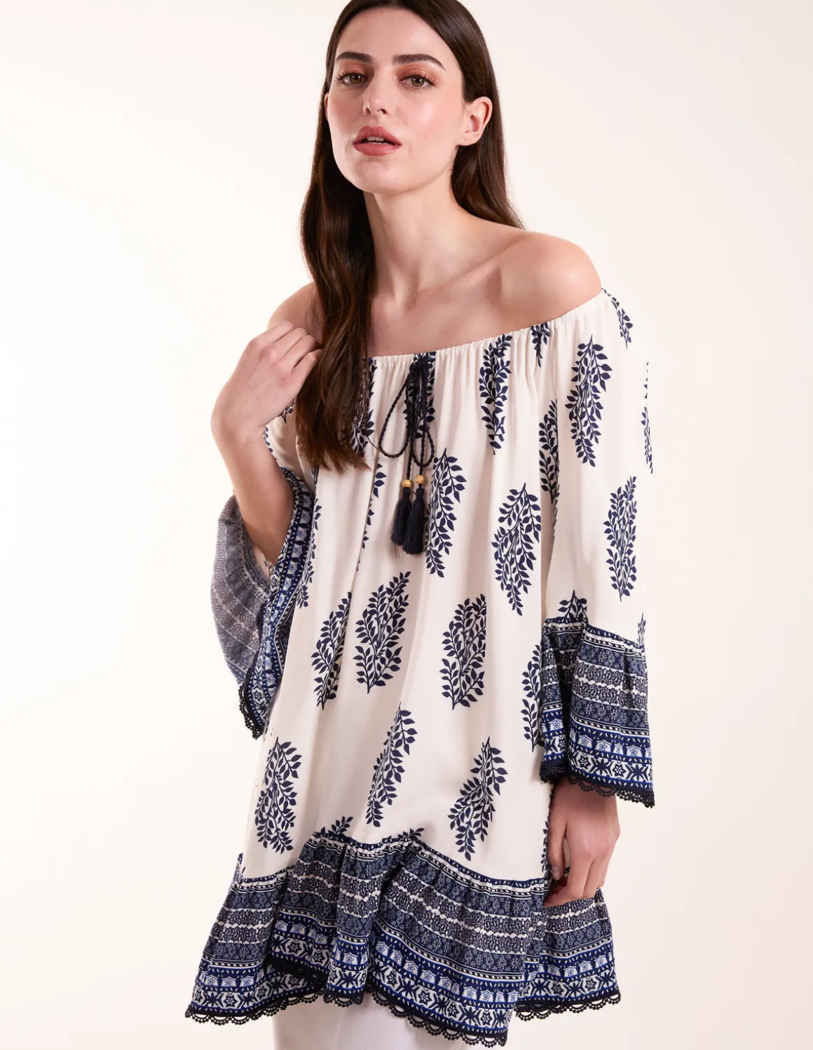 Mix Print Bardot With Tassel Dress