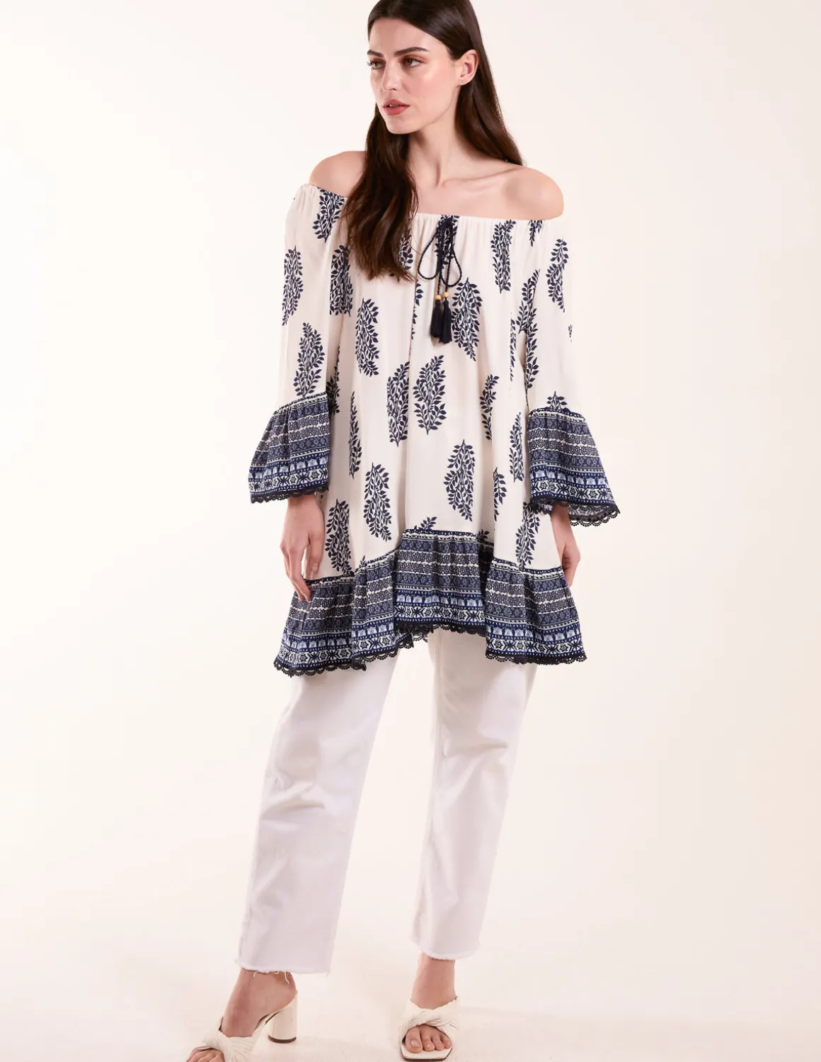 Mix Print Bardot With Tassel Dress