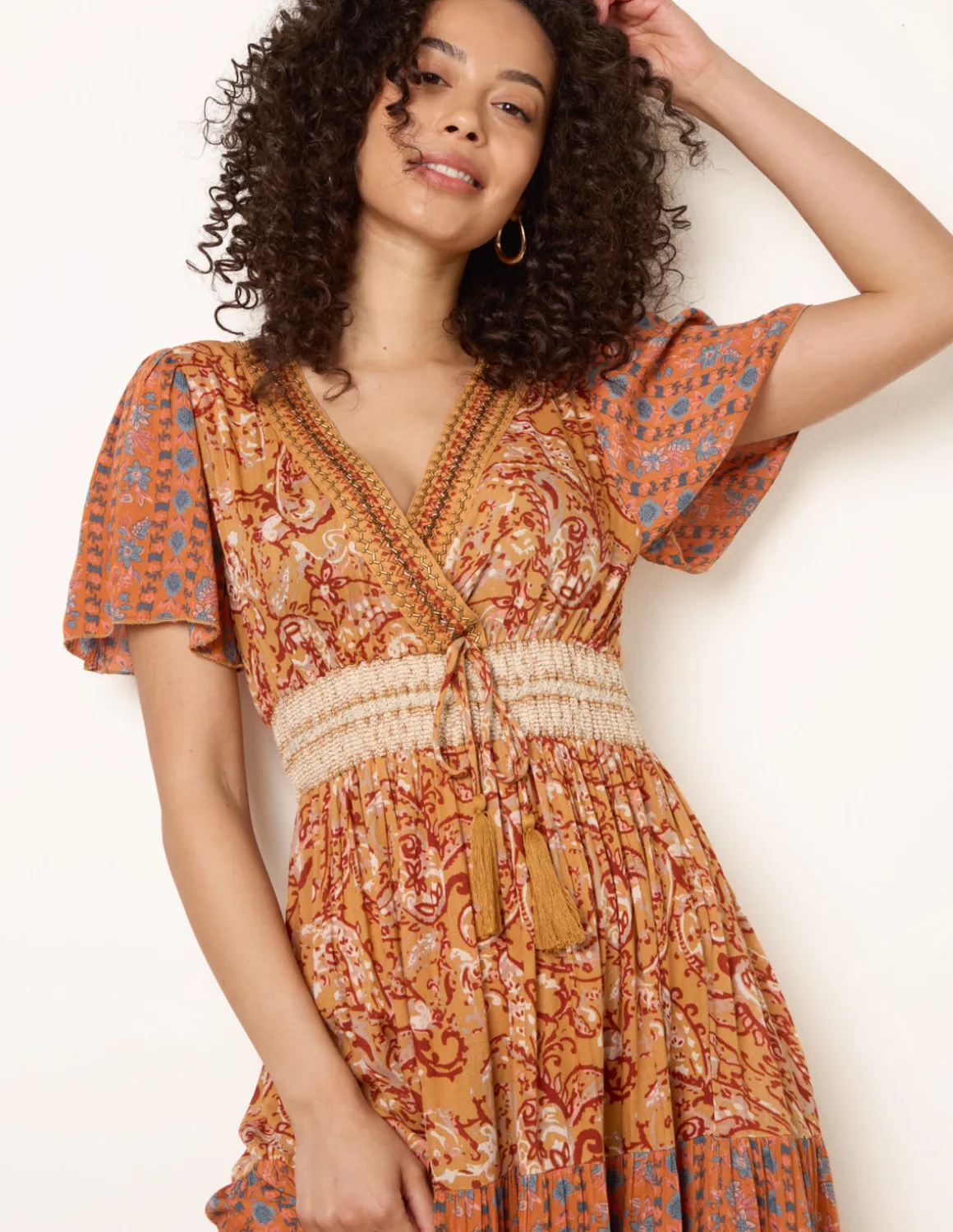 Mix Print Beaded Wrap Dress